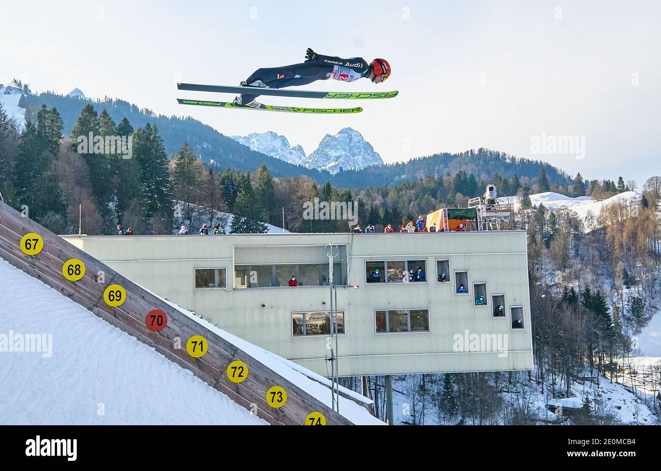 Richard FREITAG, GER in action  in front of Zugspitze mountain at the Four Hills Tournament Ski Jumping at Olympic Stadium, Grosse Olympiaschanze in Garmisch-Partenkirchen, Bavaria, Germany, January 01, 2021.  © Peter Schatz / Alamy Live News Stock Photo