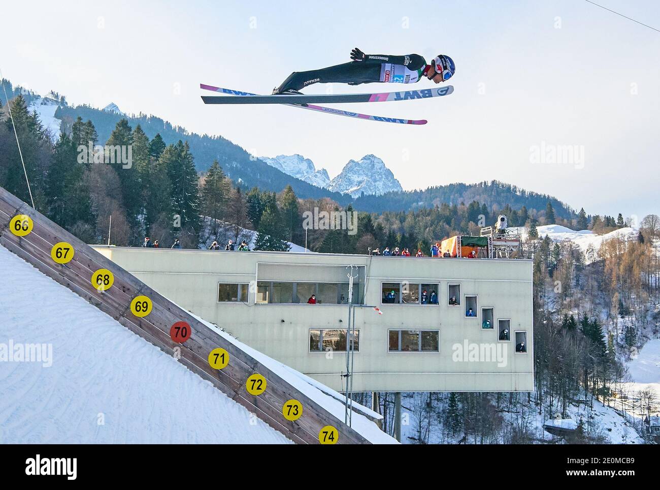 Maciej KOT, POL in action  in front of Zugspitze mountain at the Four Hills Tournament Ski Jumping at Olympic Stadium, Grosse Olympiaschanze in Garmisch-Partenkirchen, Bavaria, Germany, January 01, 2021.  © Peter Schatz / Alamy Live News Stock Photo