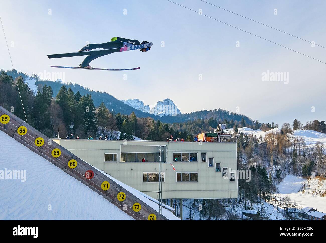 Mikhail NAZAROV, RUS in action  in front of Zugspitze mountain at the Four Hills Tournament Ski Jumping at Olympic Stadium, Grosse Olympiaschanze in Garmisch-Partenkirchen, Bavaria, Germany, January 01, 2021.  © Peter Schatz / Alamy Live News Stock Photo