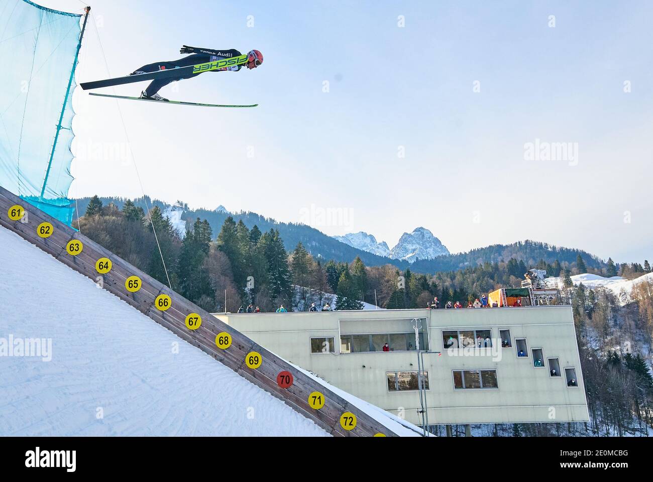 Severin FREUND, GER in action in front of Zugspitze mountain at the Four Hills Tournament Ski Jumping at Olympic Stadium, Grosse Olympiaschanze in Garmisch-Partenkirchen, Bavaria, Germany, January 01, 2021.  © Peter Schatz / Alamy Live News Stock Photo