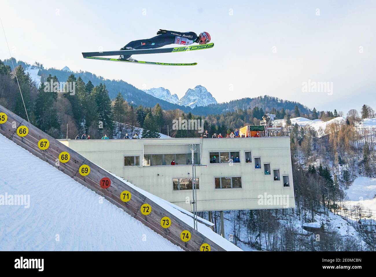 Severin FREUND, GER in action  in front of Zugspitze mountain at the Four Hills Tournament Ski Jumping at Olympic Stadium, Grosse Olympiaschanze in Garmisch-Partenkirchen, Bavaria, Germany, January 01, 2021.  © Peter Schatz / Alamy Live News Stock Photo
