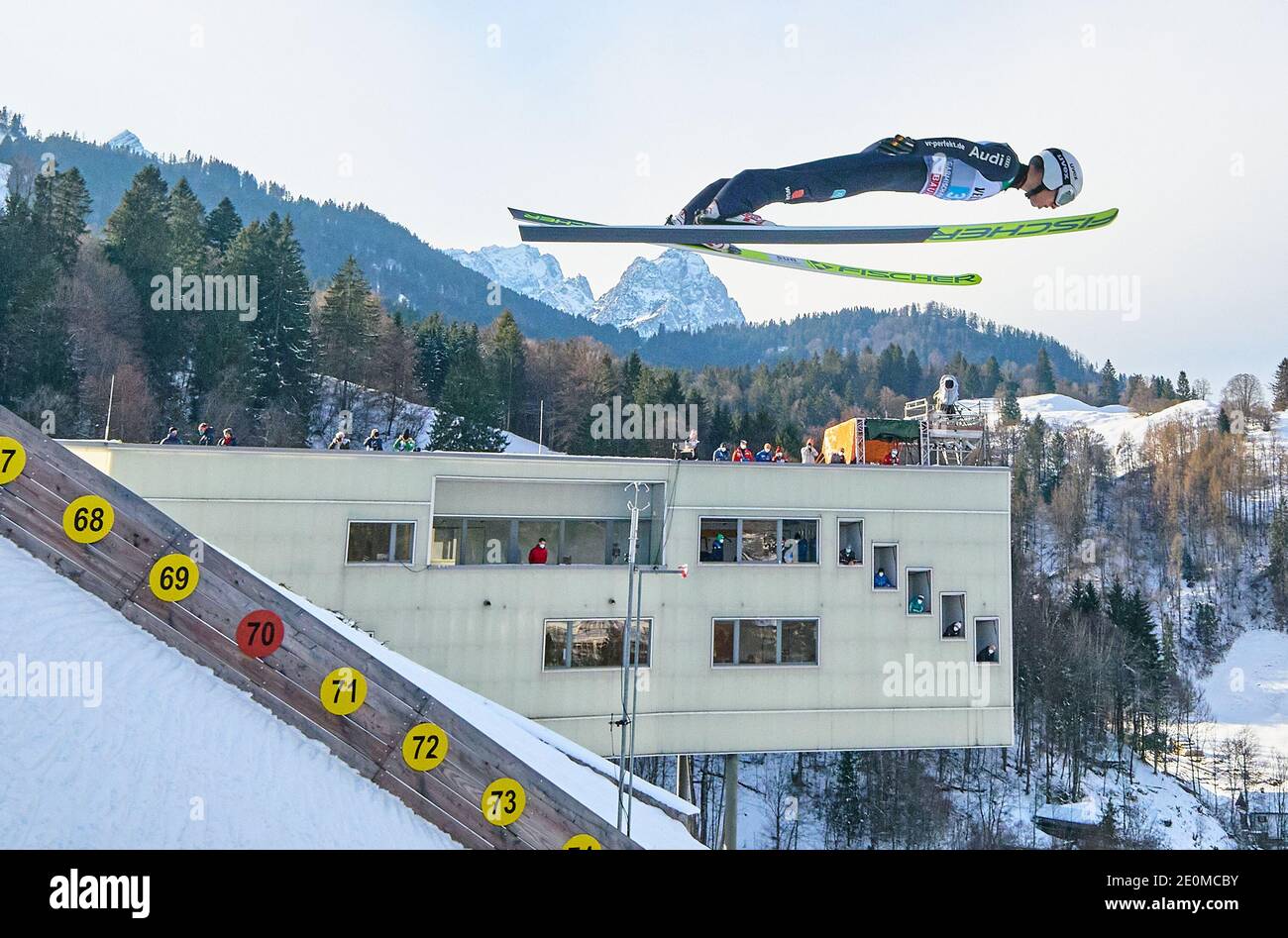 Martin HAMMANN, GER in action  in front of Zugspitze mountain at the Four Hills Tournament Ski Jumping at Olympic Stadium, Grosse Olympiaschanze in Garmisch-Partenkirchen, Bavaria, Germany, January 01, 2021.  © Peter Schatz / Alamy Live News Stock Photo