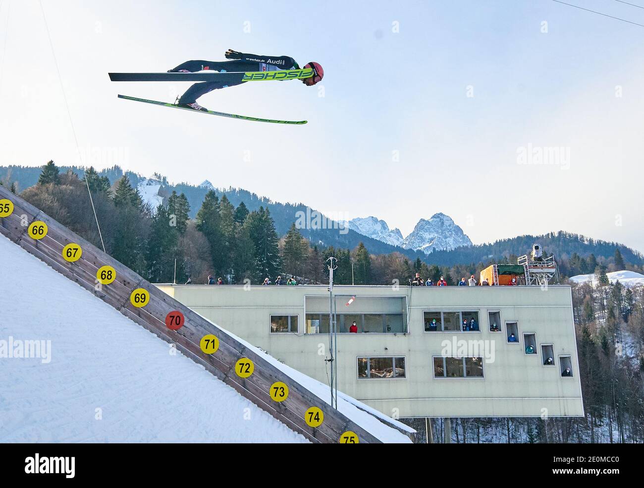 Pius PASCHKE, GER in action  in front of Zugspitze mountain at the Four Hills Tournament Ski Jumping at Olympic Stadium, Grosse Olympiaschanze in Garmisch-Partenkirchen, Bavaria, Germany, January 01, 2021.  © Peter Schatz / Alamy Live News Stock Photo