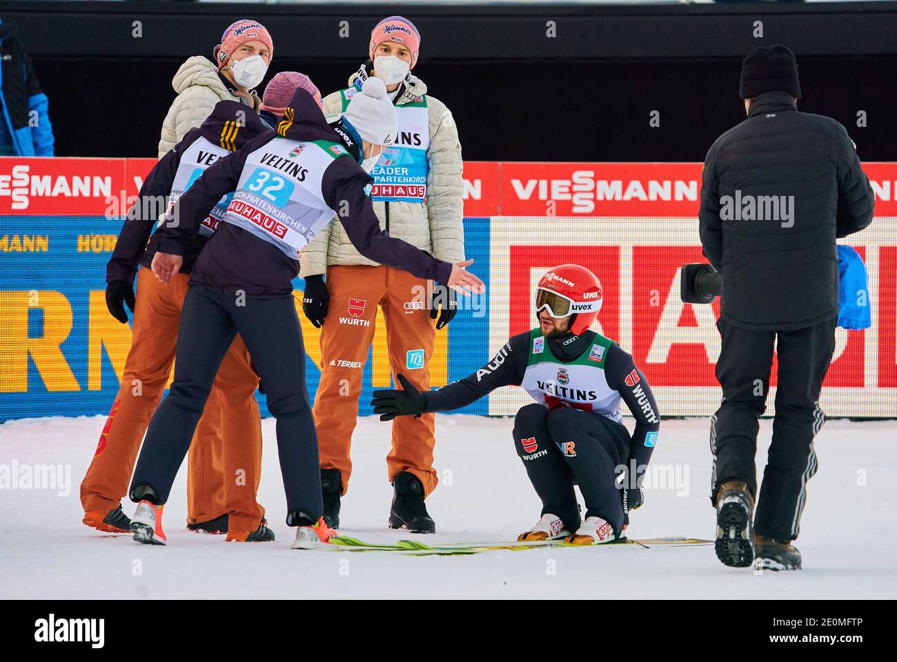 Markus EISENBICHLER, GER   in action, Karl GEIGER, GER left at the Four Hills Tournament Ski Jumping at Olympic Stadium, Grosse Olympiaschanze in Garmisch-Partenkirchen, Bavaria, Germany, January 01, 2021.  © Peter Schatz / Alamy Live News Stock Photo