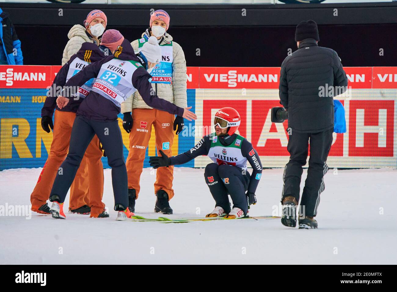 Markus EISENBICHLER, GER   in action, Karl GEIGER, GER left at the Four Hills Tournament Ski Jumping at Olympic Stadium, Grosse Olympiaschanze in Garmisch-Partenkirchen, Bavaria, Germany, January 01, 2021.  © Peter Schatz / Alamy Live News Stock Photo