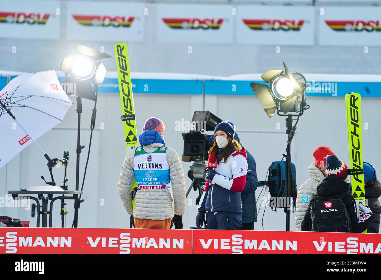 Karl GEIGER, GER interview with ORF, Austria TV at the Four Hills Tournament Ski Jumping at Olympic Stadium, Grosse Olympiaschanze in Garmisch-Partenkirchen, Bavaria, Germany, January 01, 2021.  © Peter Schatz / Alamy Live News Stock Photo