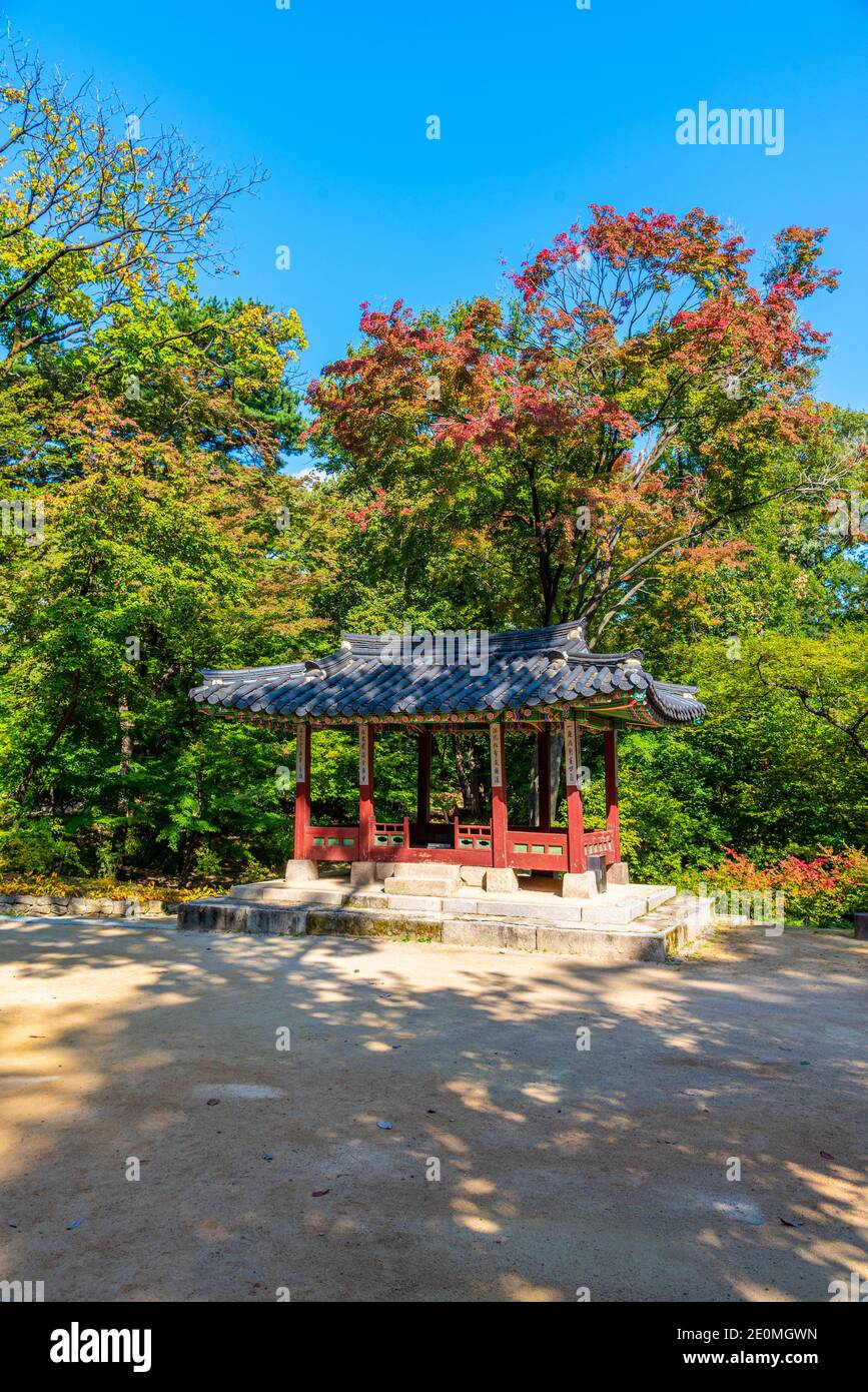 SEOUL, KOREA, OCTOBER 19, 2019: Wooden pavilion at Aeryeonji pond inside secret garden of Changdeokgung palace in Seoul, Republic of Korea Stock Photo