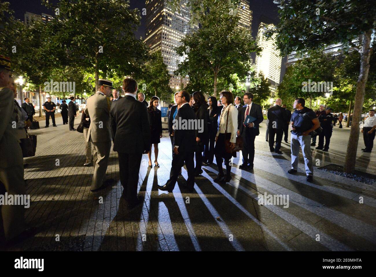 French President Francois Hollande (center) visits Ground Zero 911 Memorial Park on September 25, 2012, New York, NY, USA. Photo by Anthony Behar/Pool/ABACAPRESS.COM Stock Photo