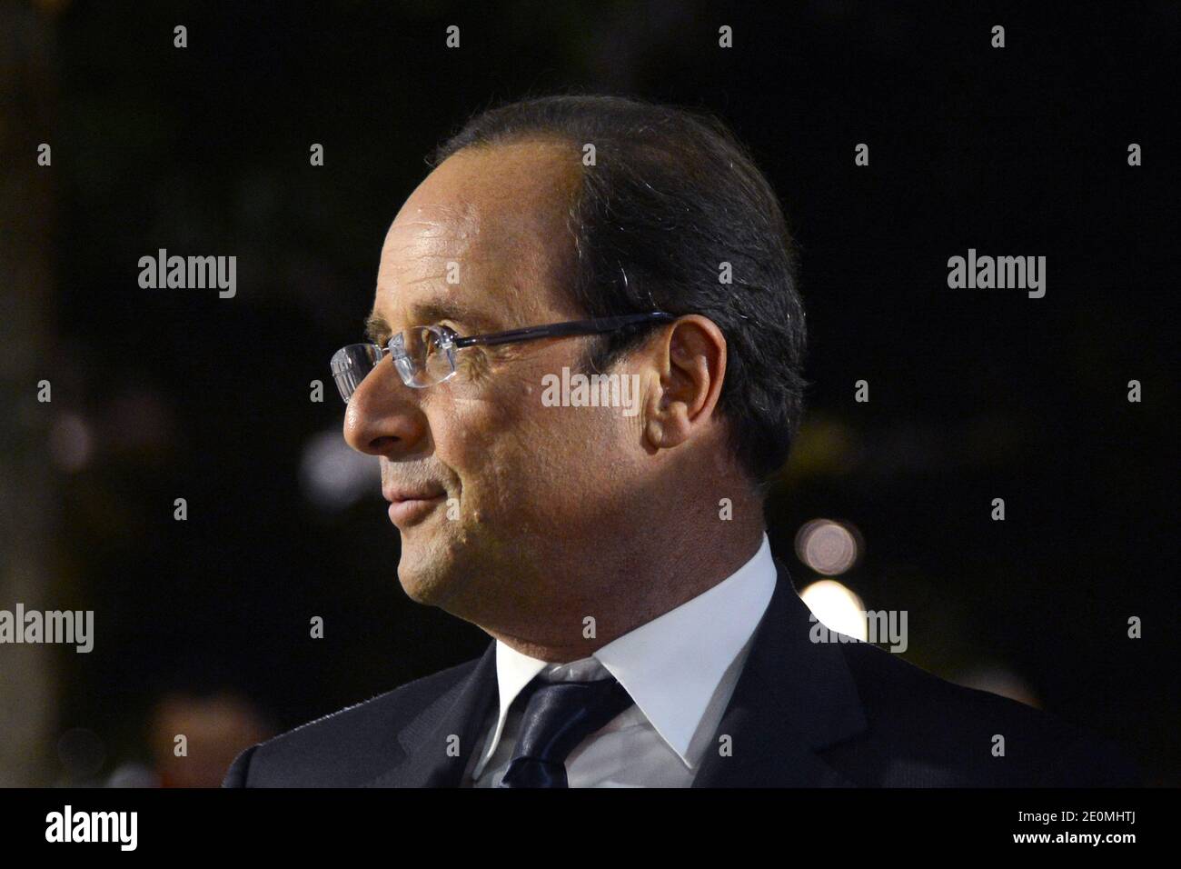 French President Francois Hollande speaks to members of the press during his visit to Ground Zero 911 Memorial Park on September 25, 2012, New York, NY, USA. Photo by Anthony Behar/Pool/ABACAPRESS.COM Stock Photo