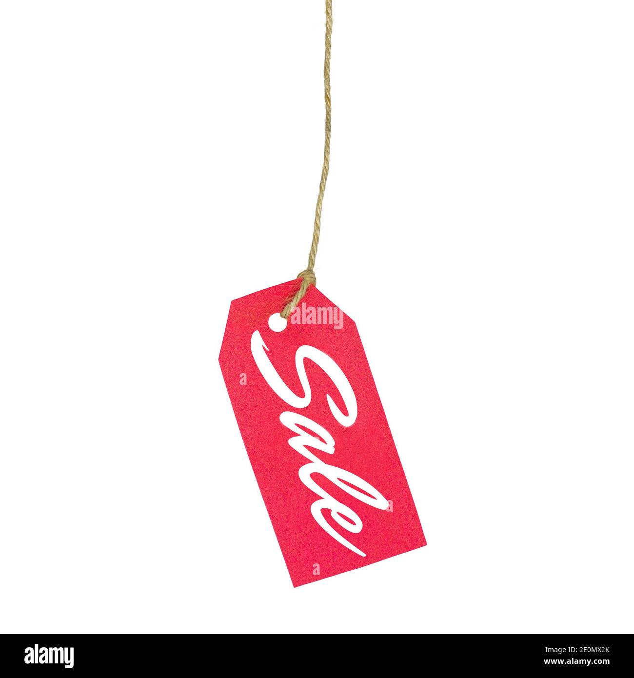 Red price tag with white Sale letters hanging on rope, isolated on