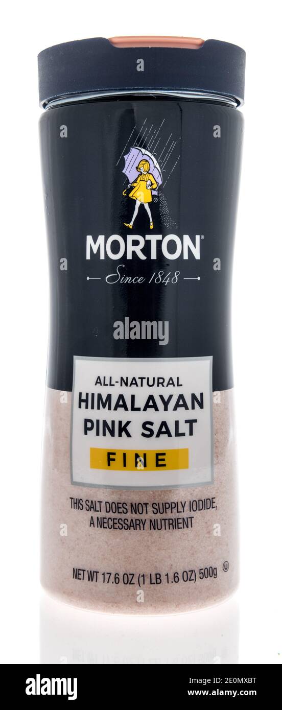 Winneconne, WI -30 December 2020: A package of Morton Himalayan pink salt on an isolated background. Stock Photo