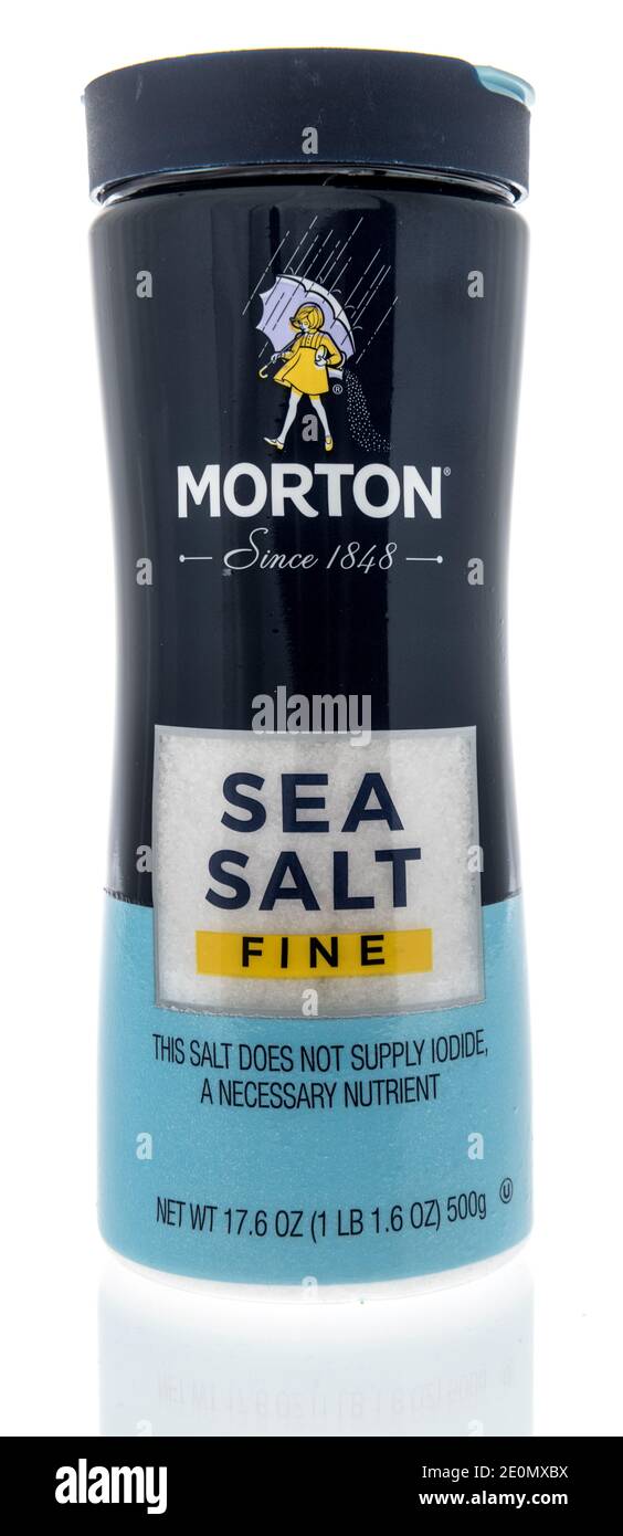Winneconne, WI -30 December 2020: A package of Morton sea salt on an isolated background. Stock Photo