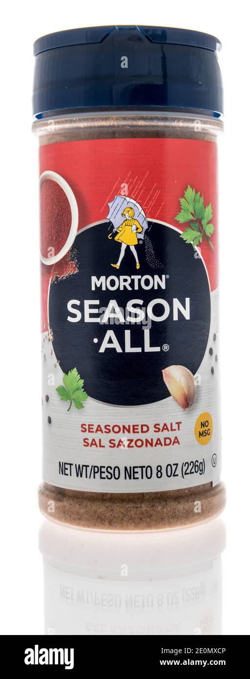 Winneconne, WI -30 December 2020: A package of Morton season all seasoned salt on an isolated background. Stock Photo