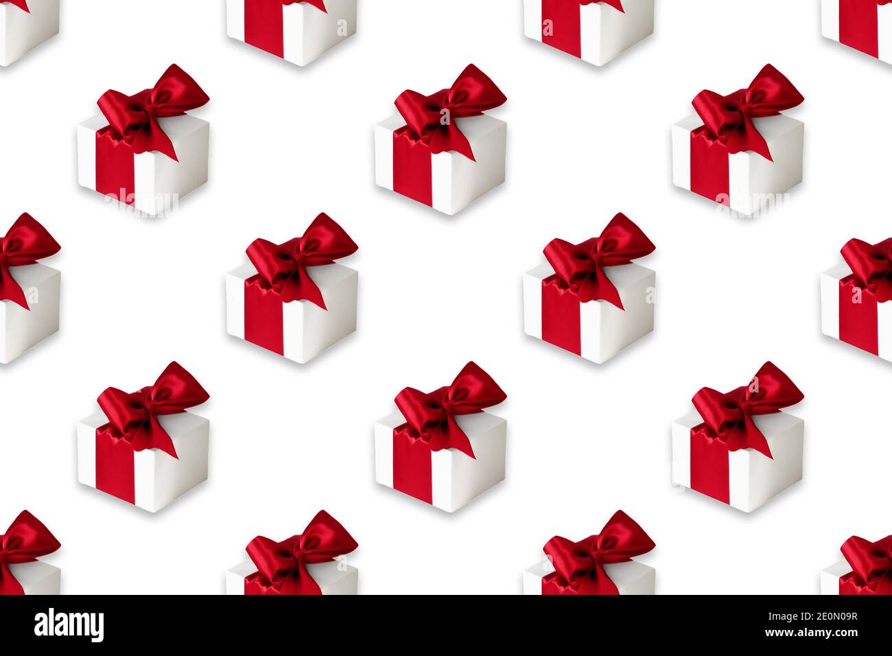 Seamless pattern on white background, made of white gift boxes with red ...