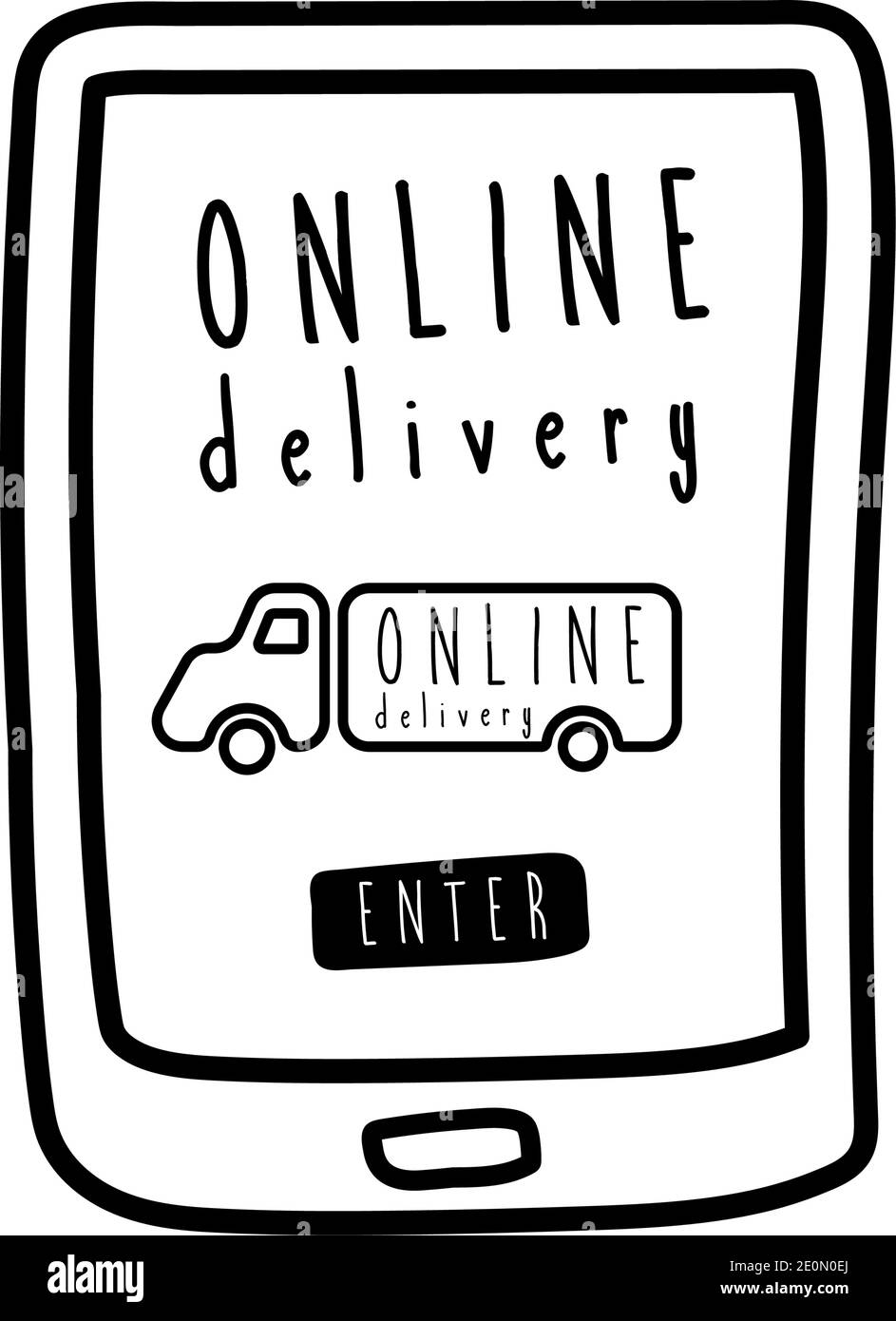 online delivery lettering campaign with truck in smartphone line style