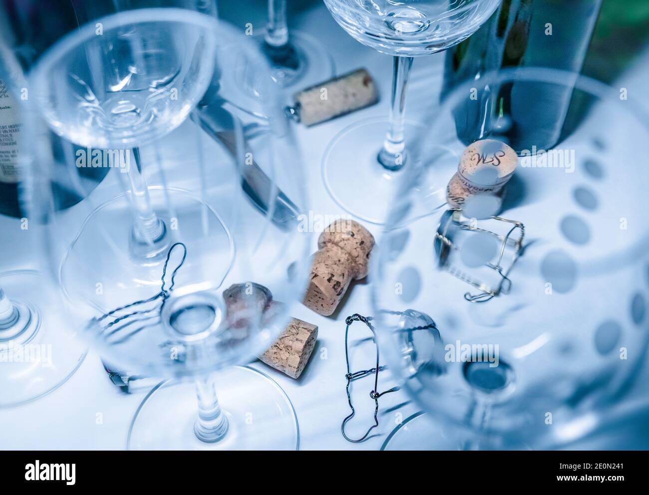 Wine glasses, corks, all in a mess.. Stock Photo