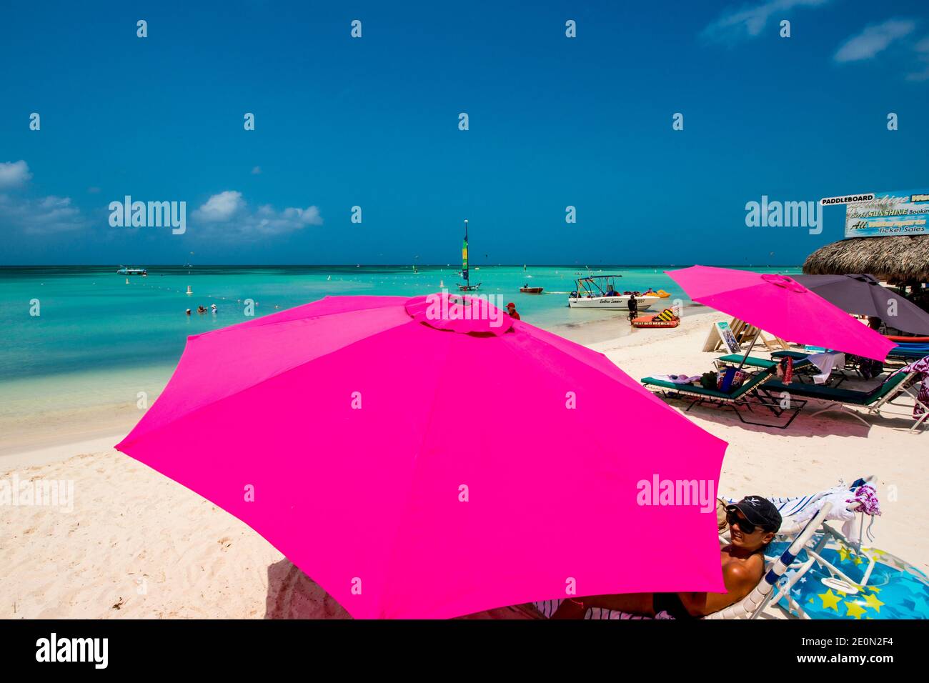 Umbrellas on Hadicurari Beach, Aruba. Stock Photo
