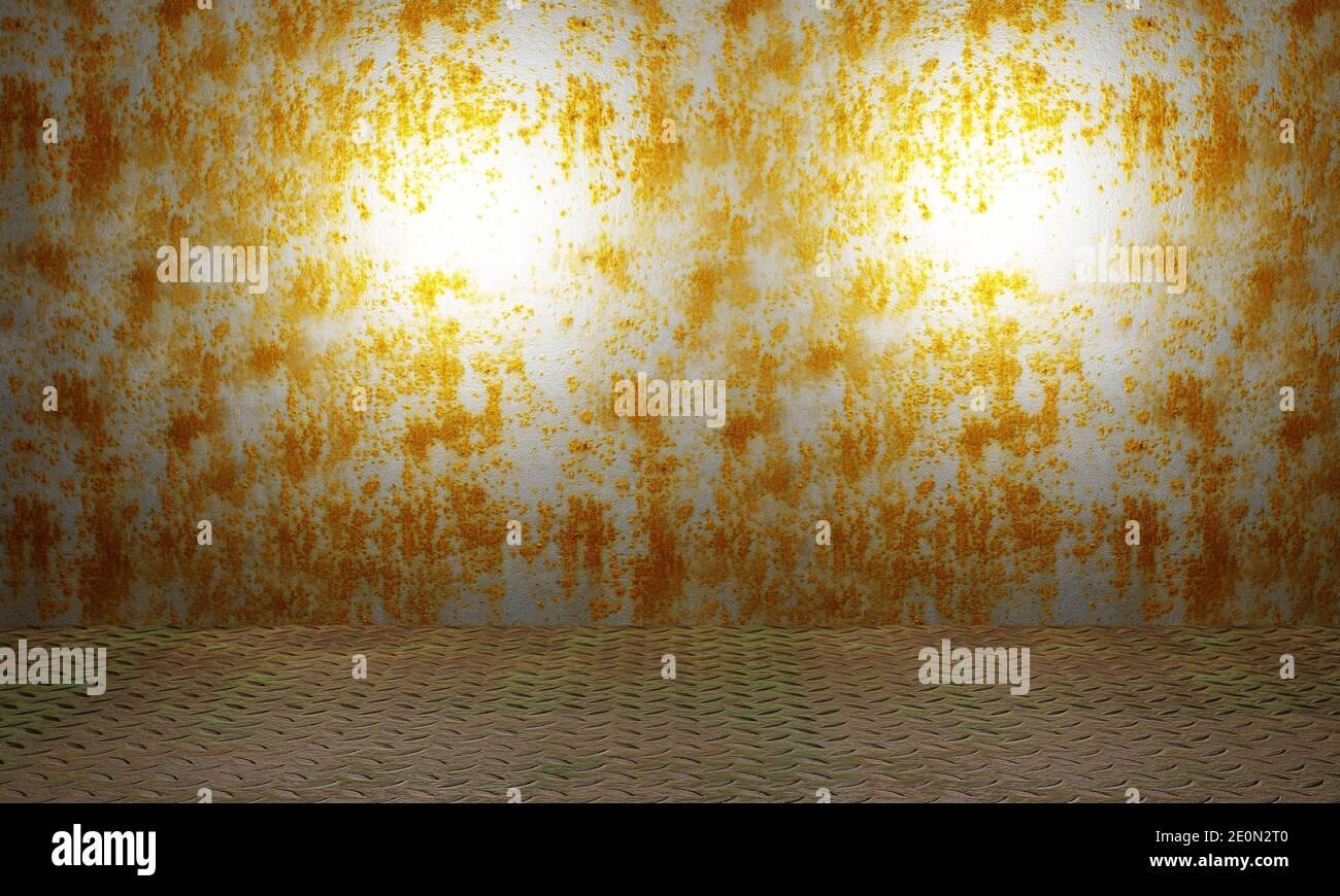 Rusty metal sheet panel and chequer plate floor. Empty interior abandoned factory template design. Old grungy texture background Stock Photo