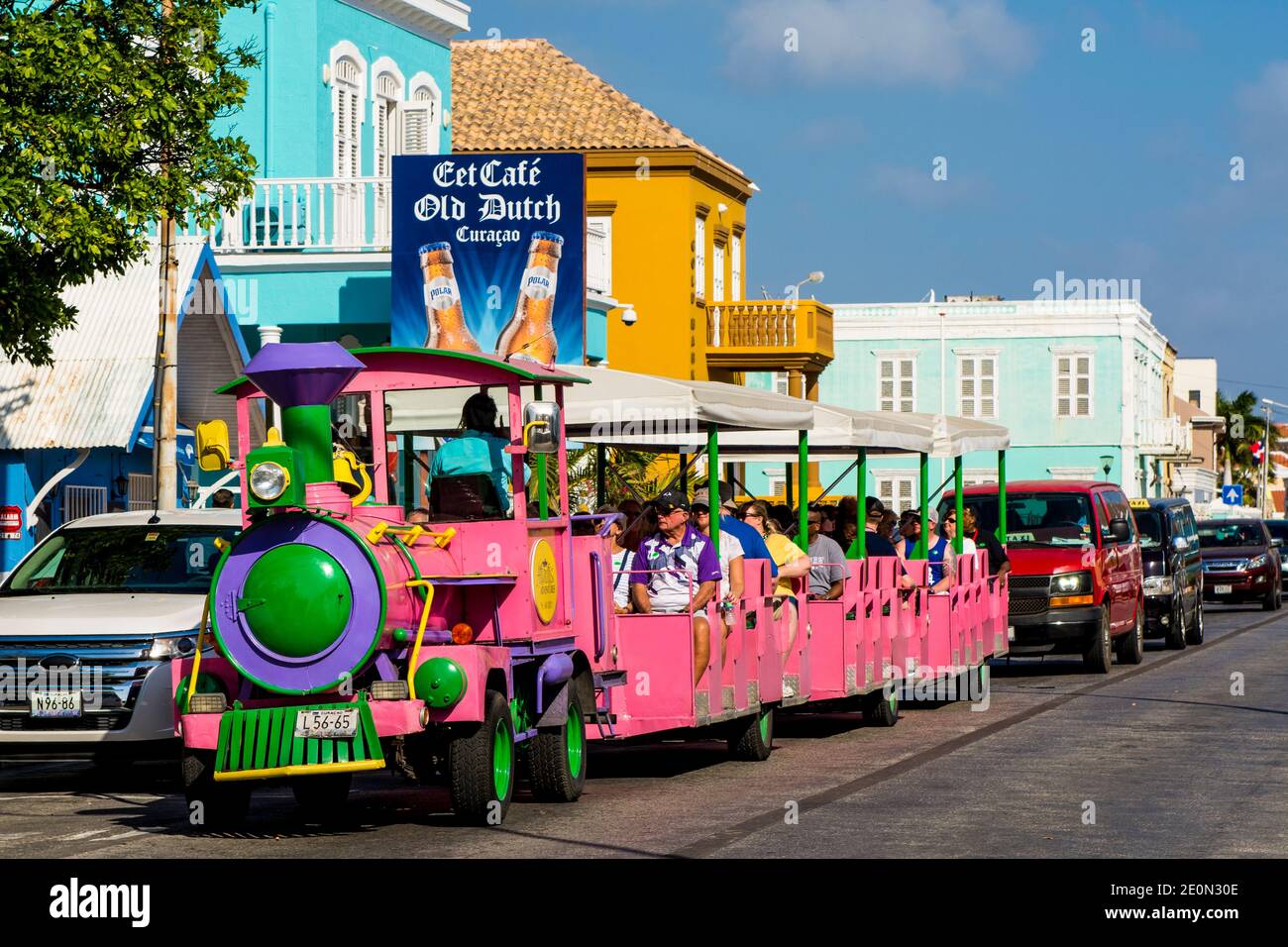 Tourist tram train tour in Willemstad, Curacao. Stock Photo