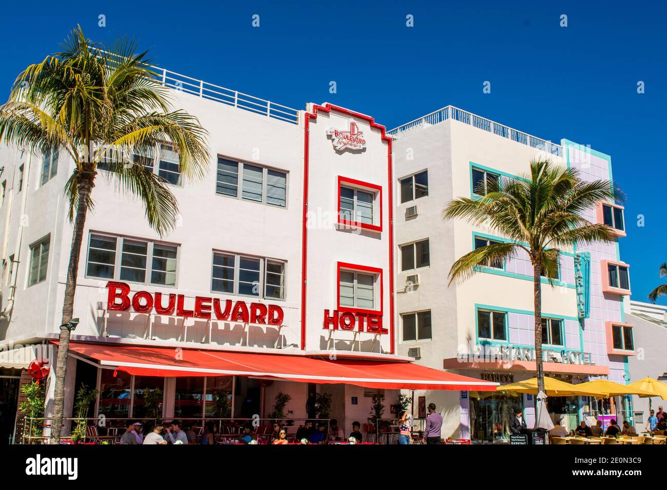Art Deco Boulevard Hotel architecture in South Beach district, Miami, Florida. Stock Photo