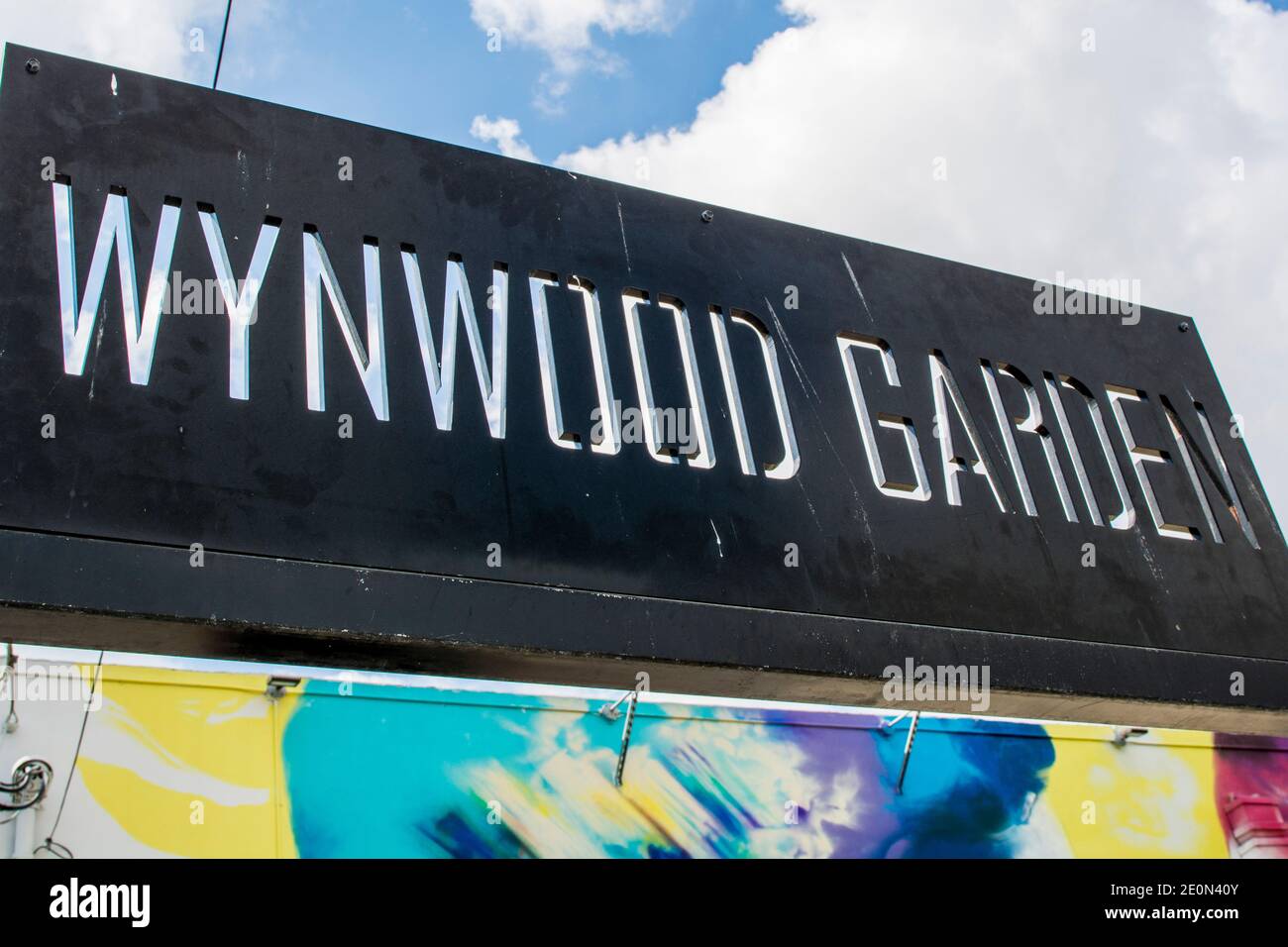 Street signpost Wynwood Walls art district in Miami, Florida. Stock Photo