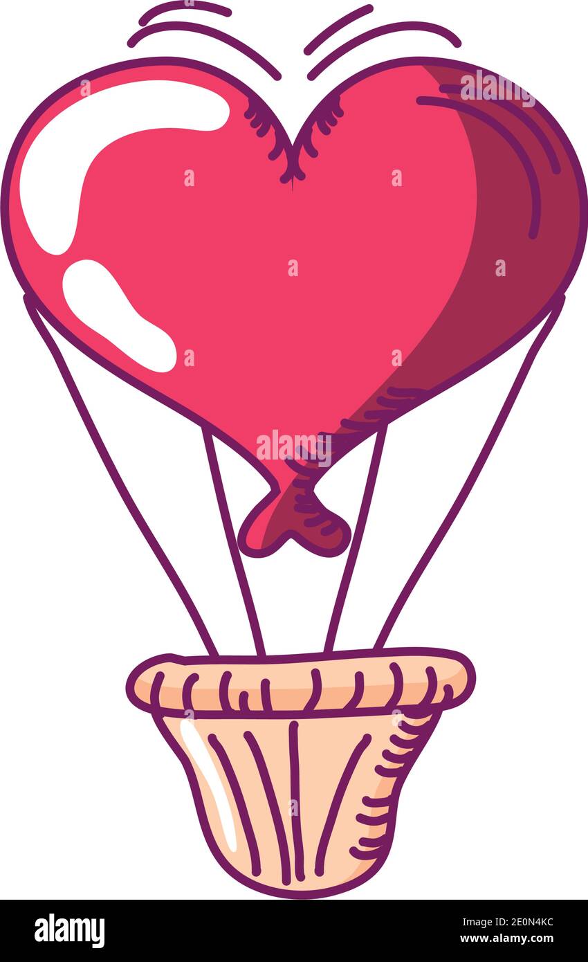 happy valentines day romantic air balloon shaped heart hand drawn style ...