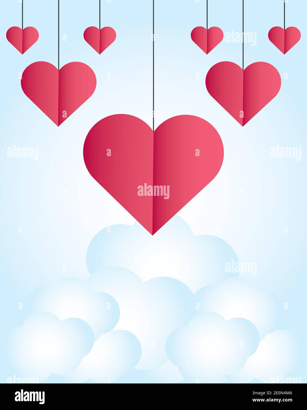 happy valentines day hanging hearts love on clouds sky background card ...