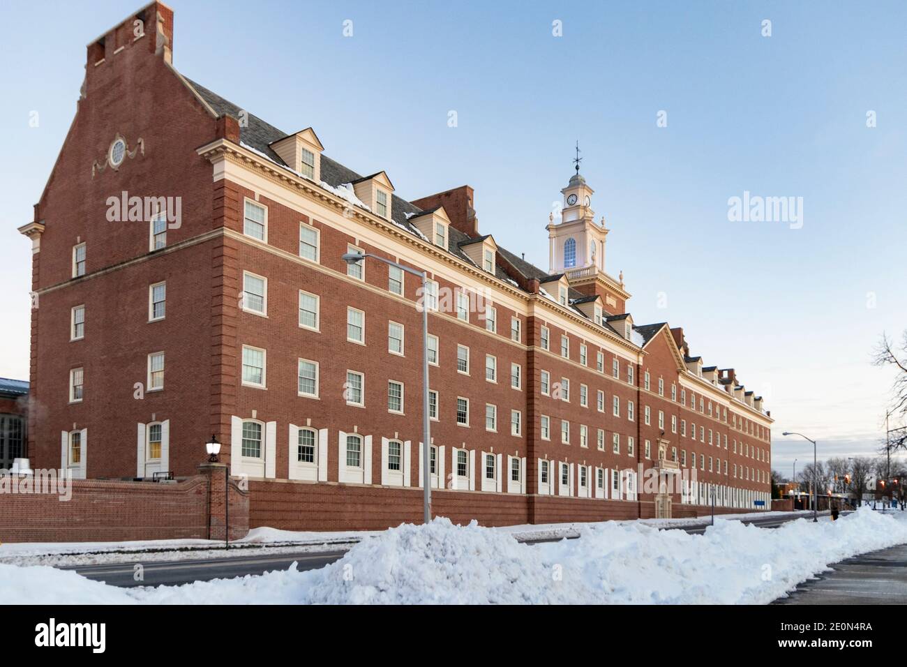 Winter view of Johnson Hall, at the Johnson and Johnson World