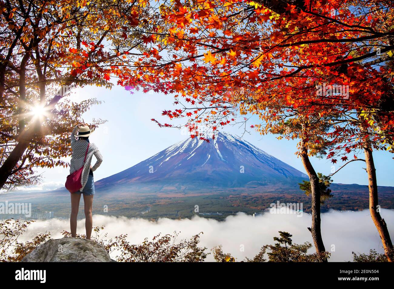 The Mountain Fuji in autumn with red maple leaves, Japan Stock Photo ...