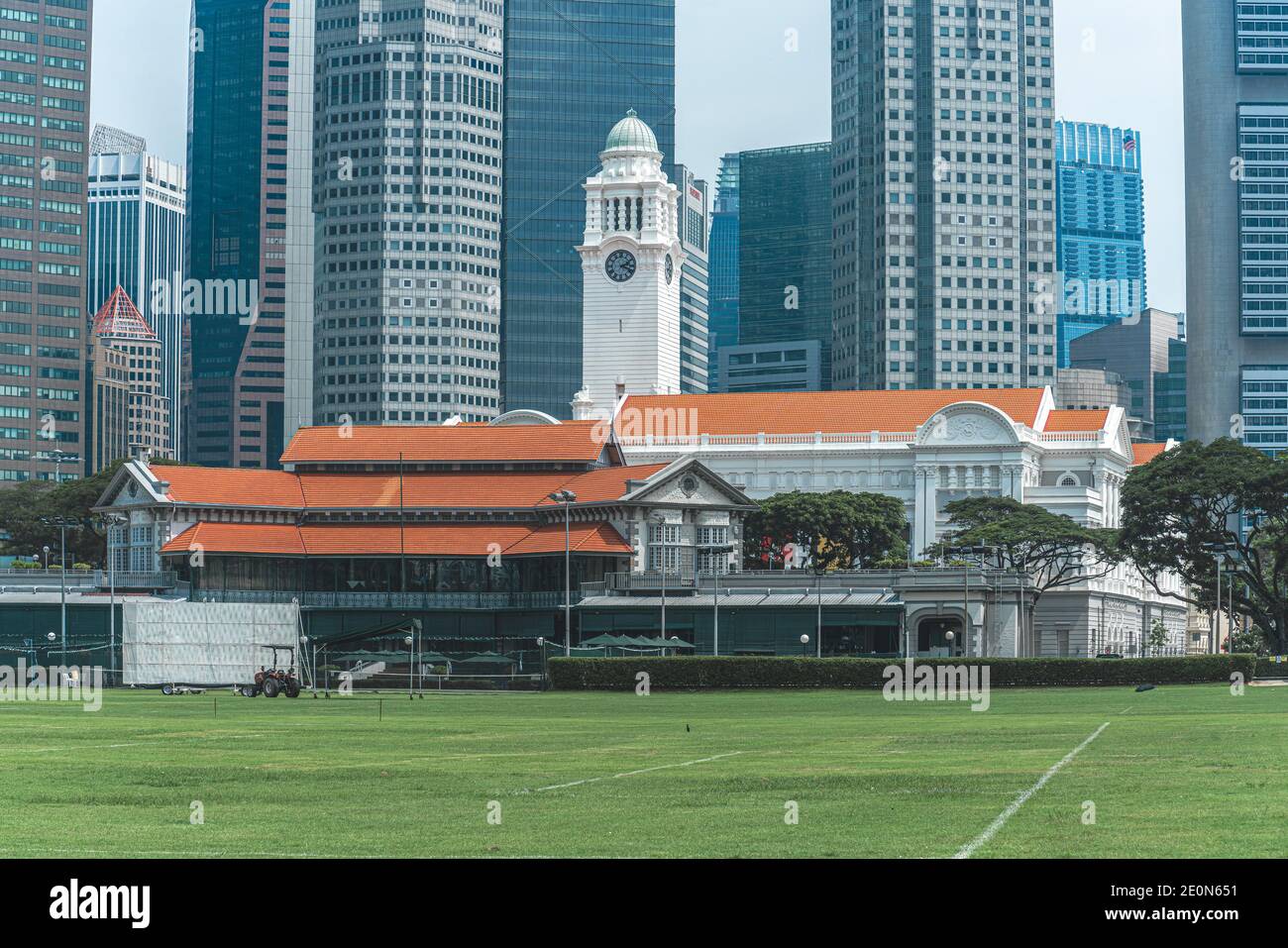 Padang  / Singapore - May 21 2018: Singapore Crcket Clubhouse with grass infront Stock Photo