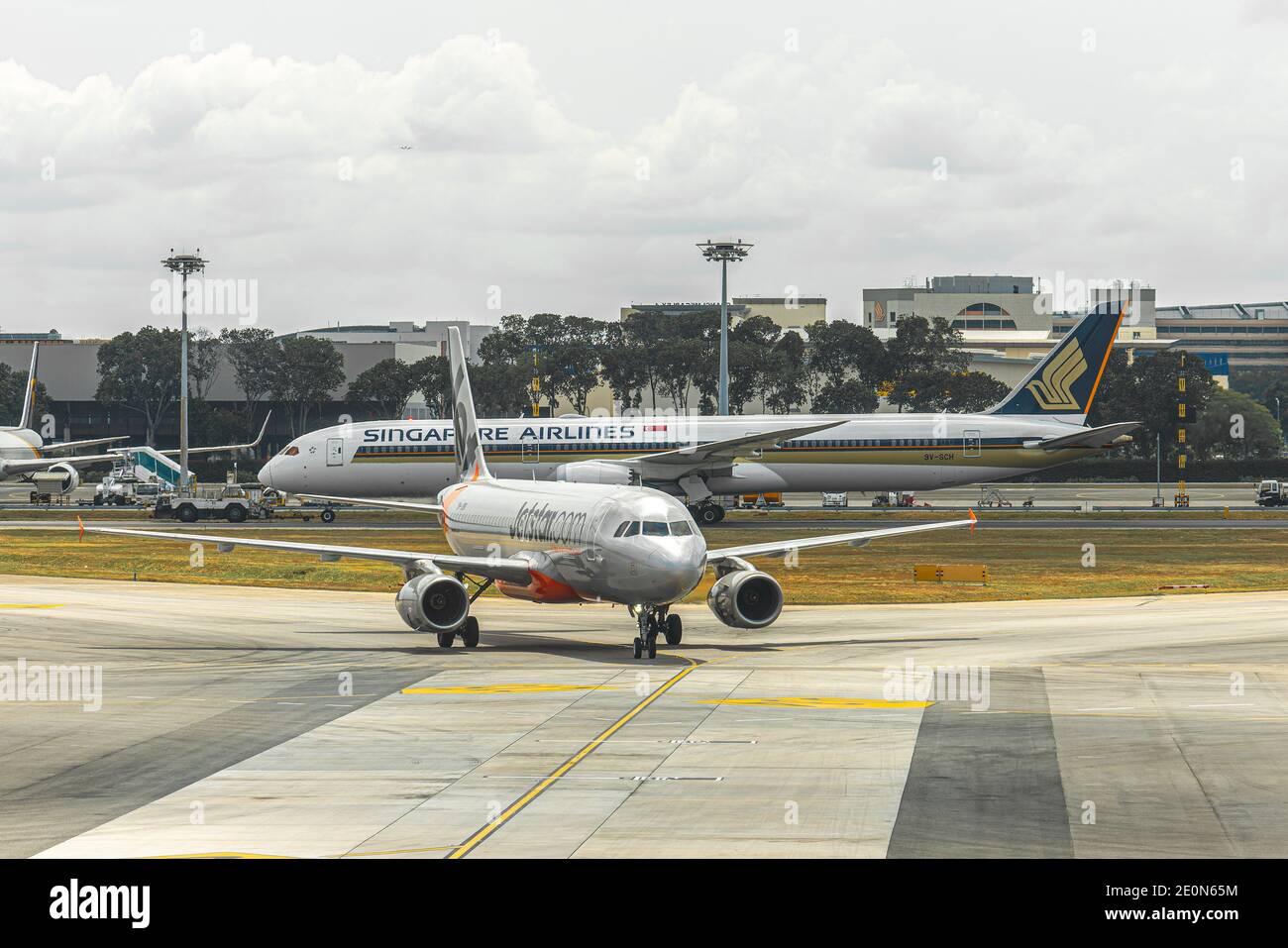 Changi Airport / Singapore July 22 2019 Traffic at the apron at