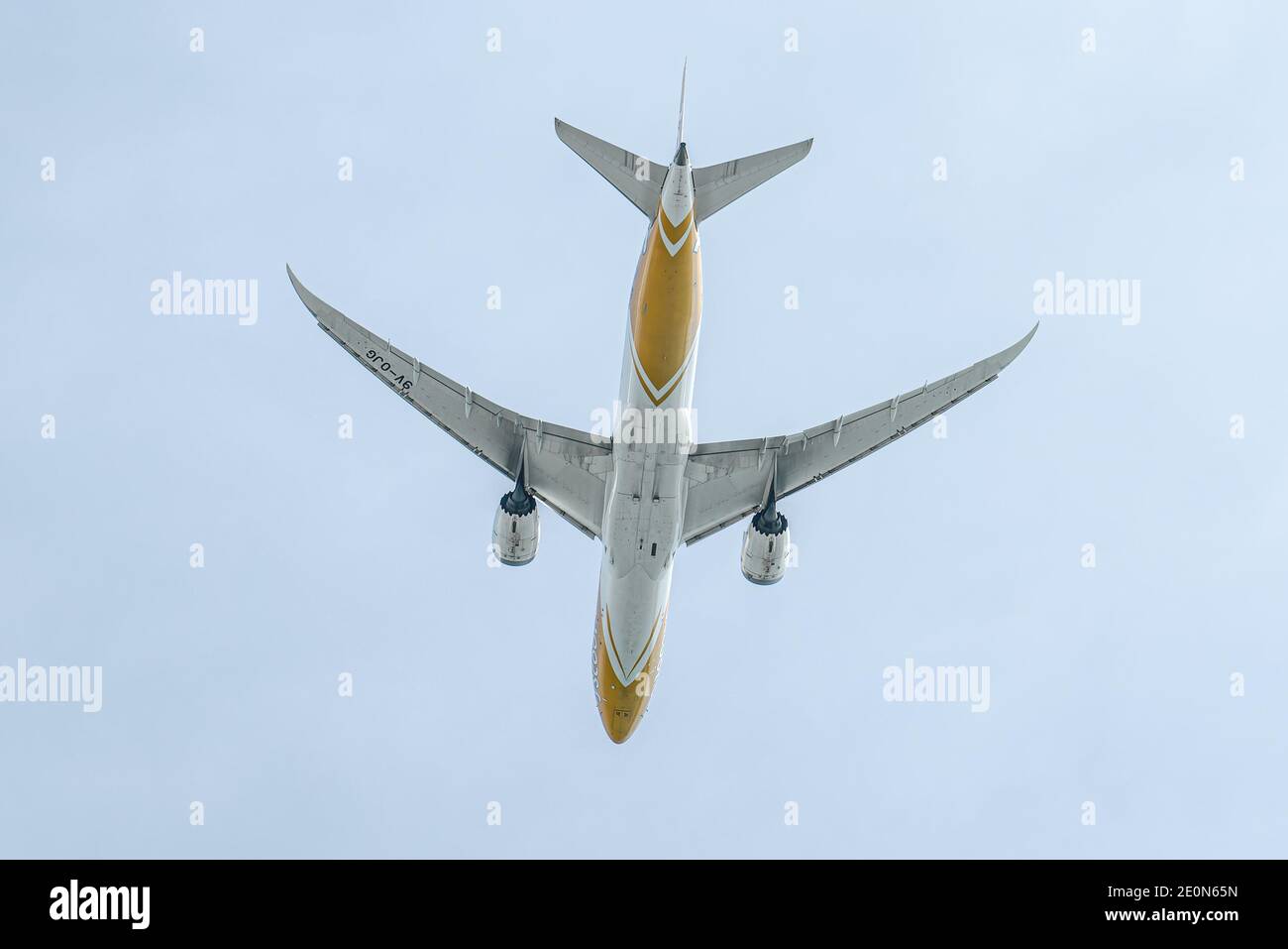 Singapore -  Feb 1 2020: Scoot Airlines taking of and climbing over Changi Beach Park Stock Photo