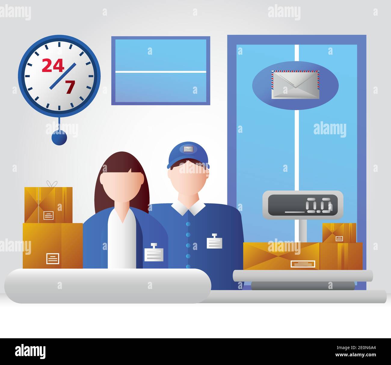 postal office service employees with weight scale packages mail