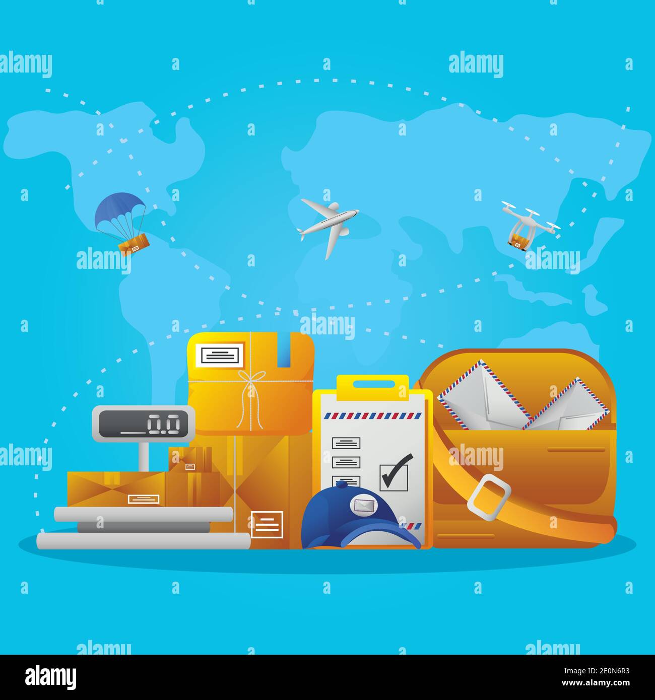 https://c8.alamy.com/comp/2E0N6R3/postal-service-weight-scale-packages-mail-bag-cardboard-boxes-logistic-and-transport-on-blue-map-background-vector-illustration-2E0N6R3.jpg