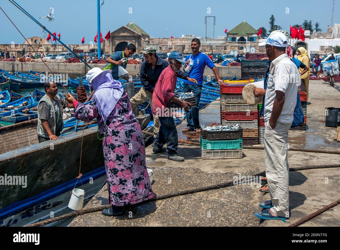 Fishermen unload their catch packed in plastic containers to the busy harbour at Essaouira on the Atlantic Ocean coast of Morocco. Stock Photo