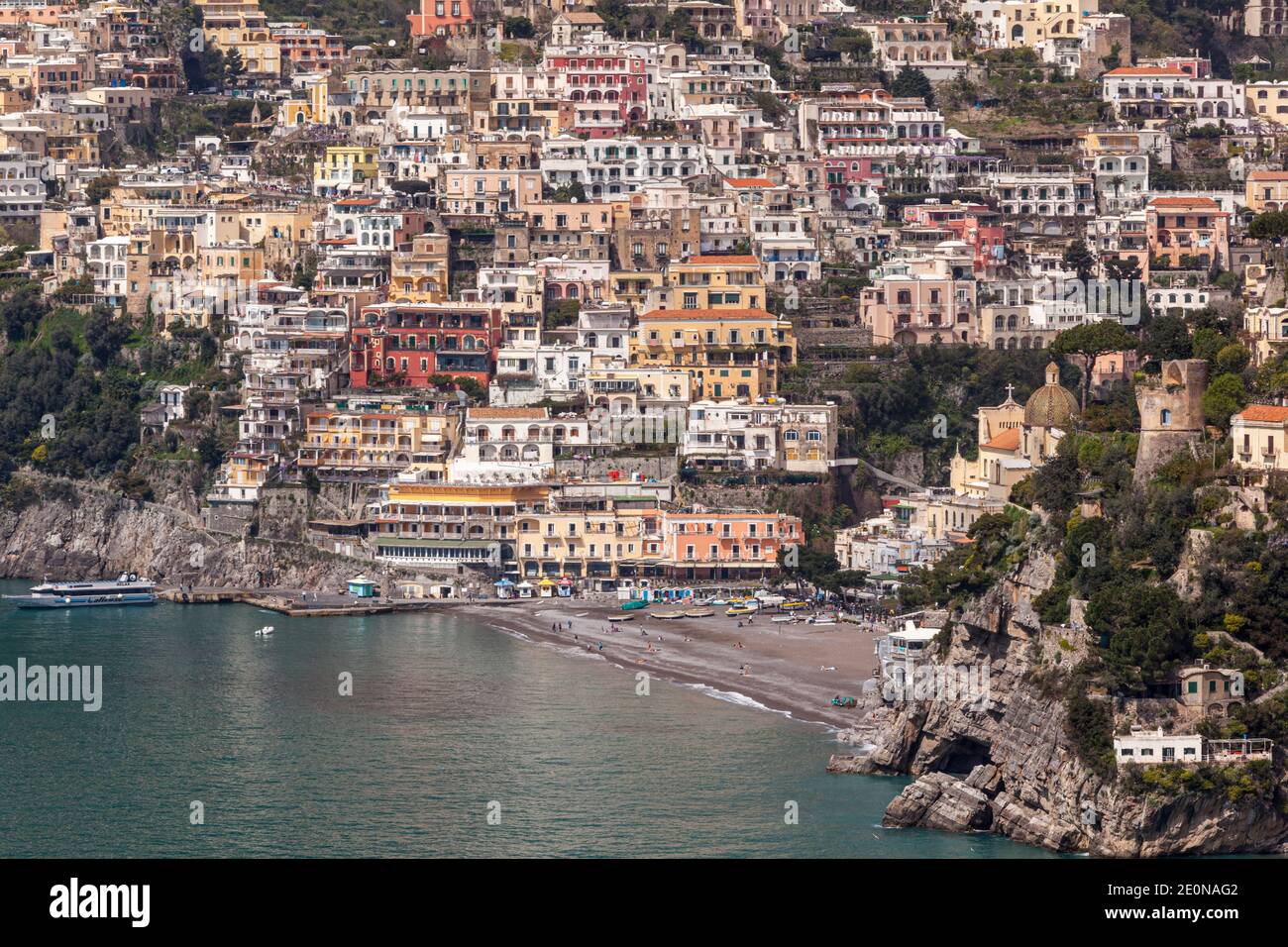 Cliff-edge houses and the beach at Positano, a village on the Amalfi ...