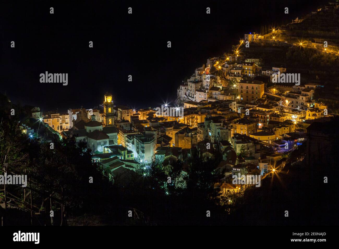 Minori at night on the Amalfi coast in the Campania region of Italy ...