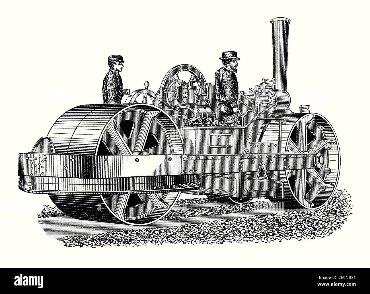 An old engraving of a Victorian three-wheel ‘road roller’ made by Aveling and Porter of Rochester, Kent, England, UK. It is from a mechanical engineering book of the 1880s. A road roller (roller-compactor or roller) is used to surfaces in the construction of roads and foundations. Aveling and Porter was a British agricultural engine and steamroller (road roller) manufacturer. Thomas Aveling and Richard Thomas Porter entered into partnership in 1862, and developed a steam engine three years later. Stock Photo
