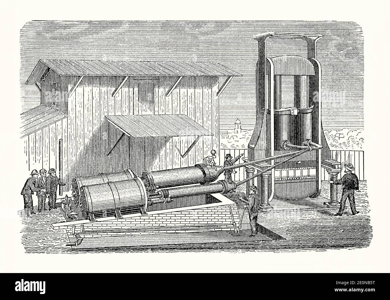 An old engraving of workers operating a hydraulic, steam baling press in the 1800s. It is from a Victorian mechanical engineering book of the 1880s. Live steam is admitted to the horizontal cylinders and chambers (left). Via connecting pipework, the pressure created forces the hydraulic, vertical pistons (right) to push down, compressing bales of cotton (or other material) held between the plates below. The resultant compressed bale was easier for handing and transportation. Stock Photo
