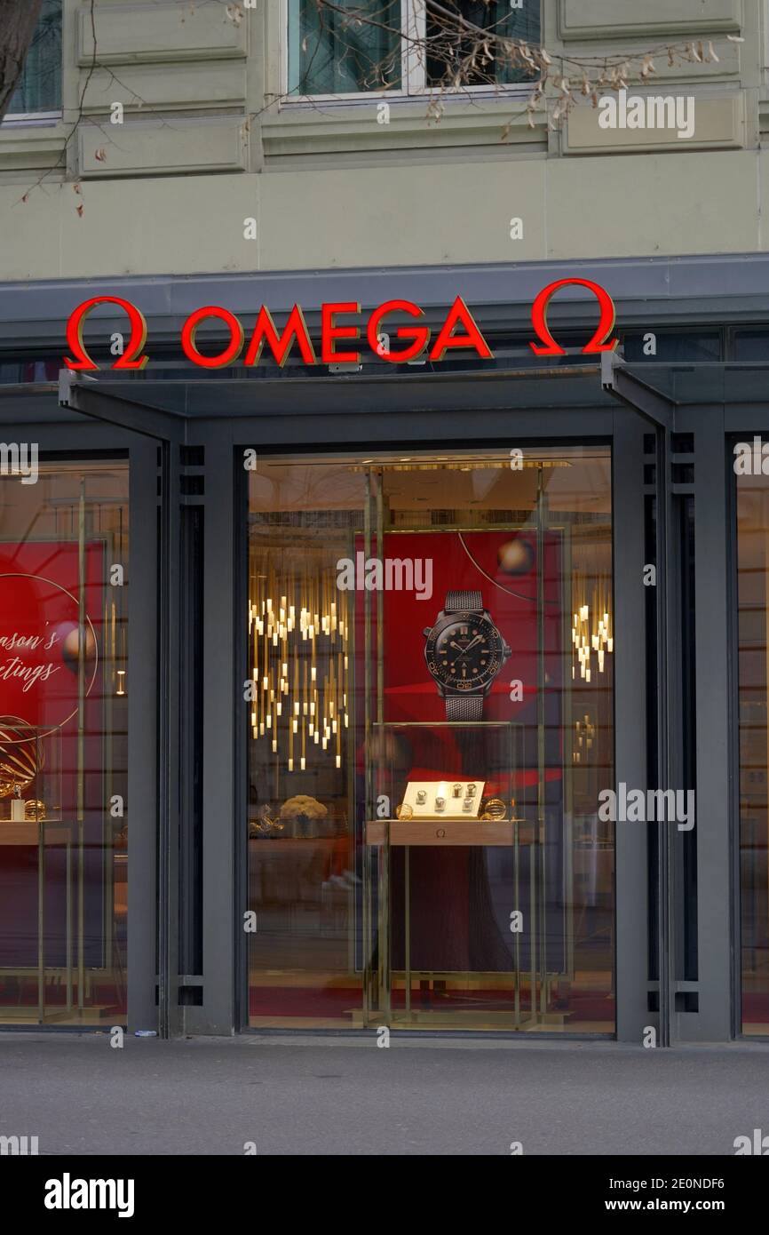 Entrance of Omega store in Zurich on the main and most expensive street in town. The letters and