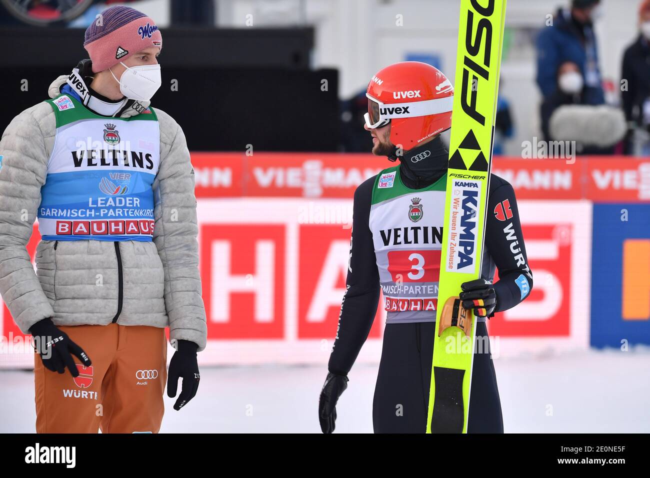 from right: Markus EISENBICHLER (GER) with Karl GEIGER (GER). Ski jumping, 69th International Four Hills Tournament 2020/21. New year's competition in Garmisch Partenkirchen on January 1st, 2021. | usage worldwide Stock Photo