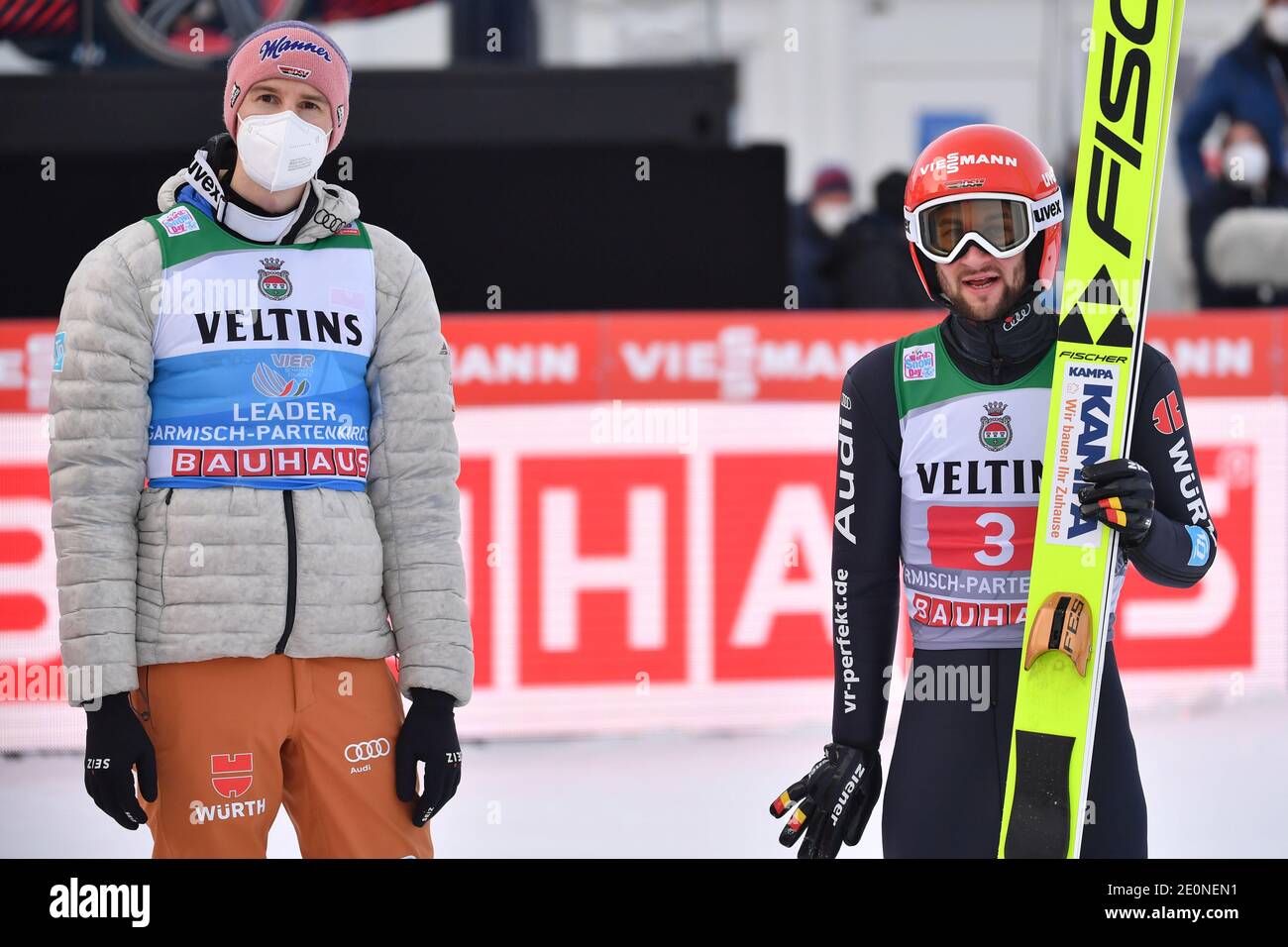 from right: Markus EISENBICHLER (GER), Karl GEIGER (GER). Ski jumping, 69th International Four Hills Tournament 2020/21. New year's competition in Garmisch Partenkirchen on January 1st, 2021. | usage worldwide Stock Photo
