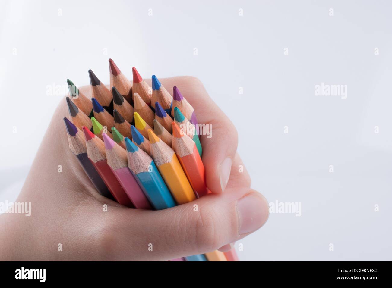 Hand holdin color pencils on a white background. Stock Photo