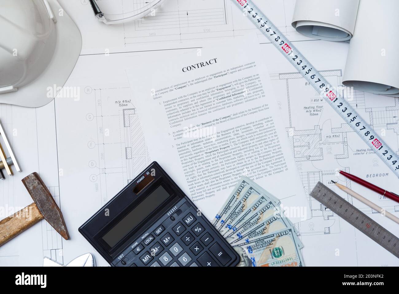Conclusion of a business contract for construction. Hiring an engineer. Stock Photo