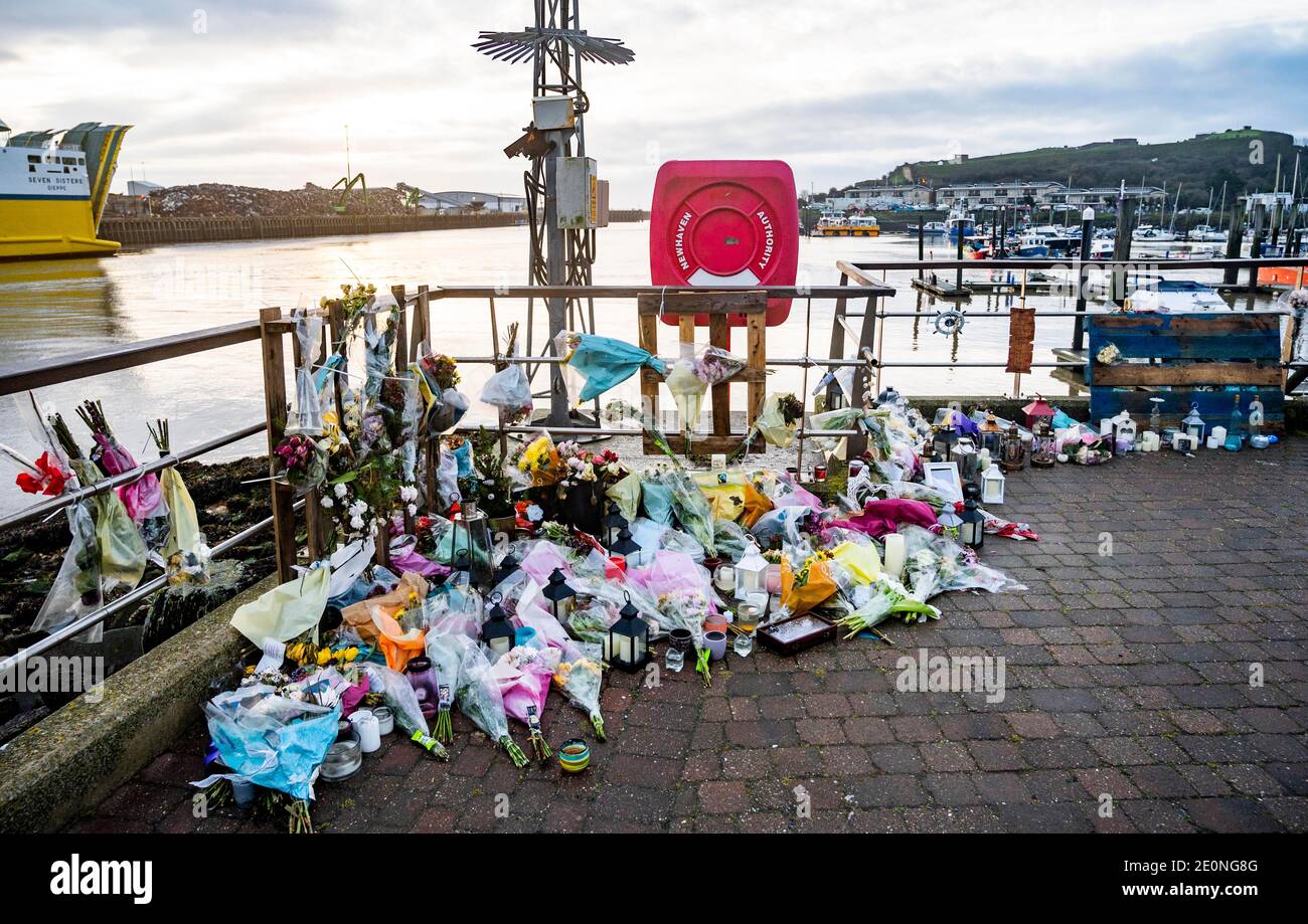 Newhaven East Sussex UK - Tributes to 3 fishermen from the three-man crew of the Joanna C who were lost at sea in November 2020 Stock Photo