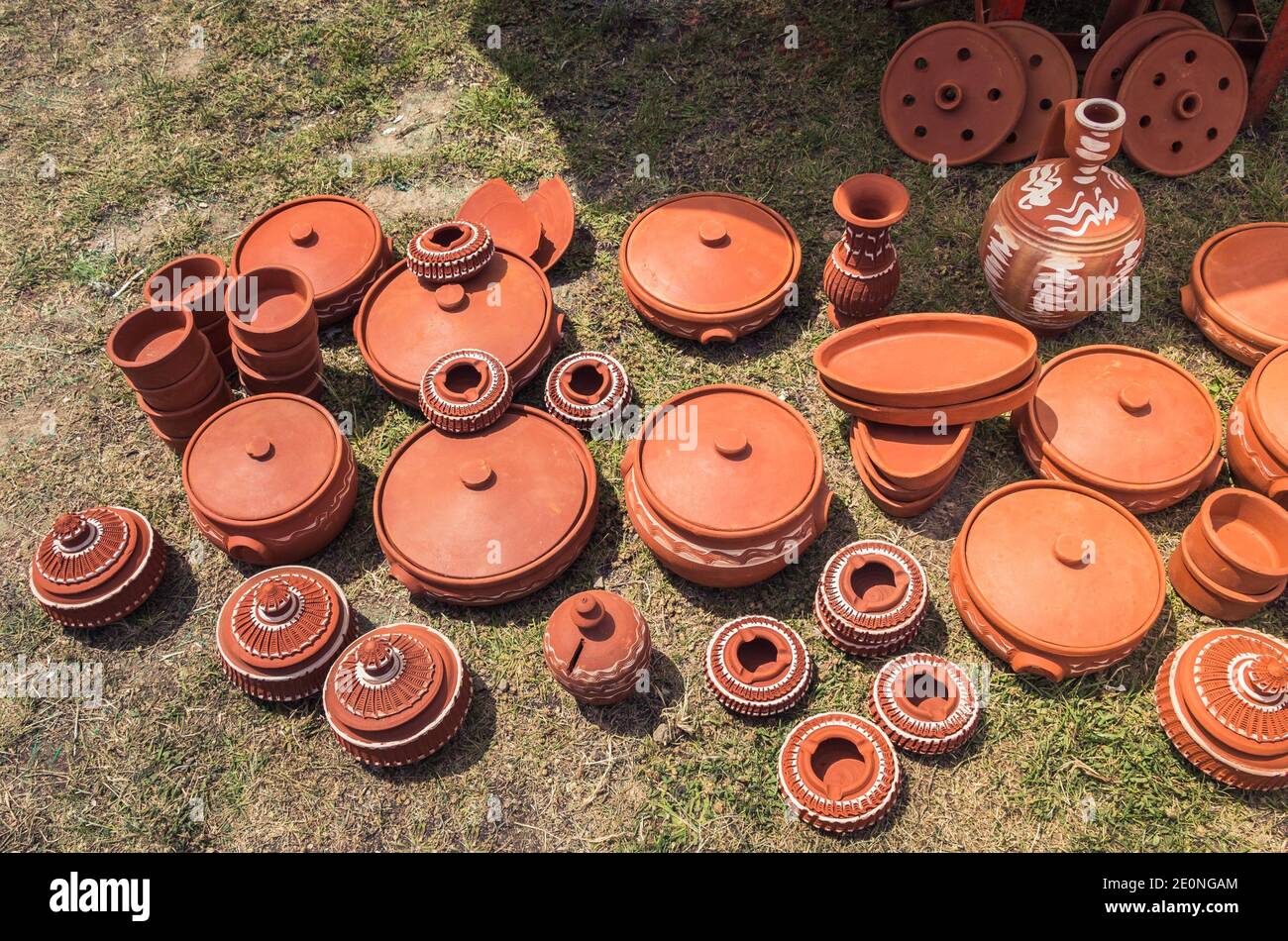 Traditional clay pottery for sale at the market Stock Photo Alamy