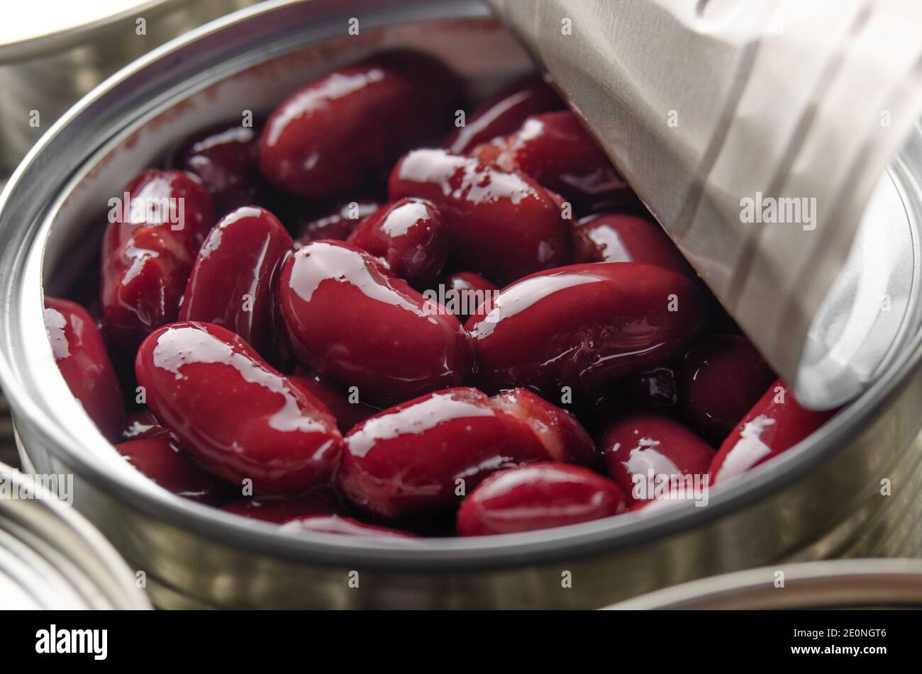 Canned red kidney beans in just opened tin can. Nonperishable food