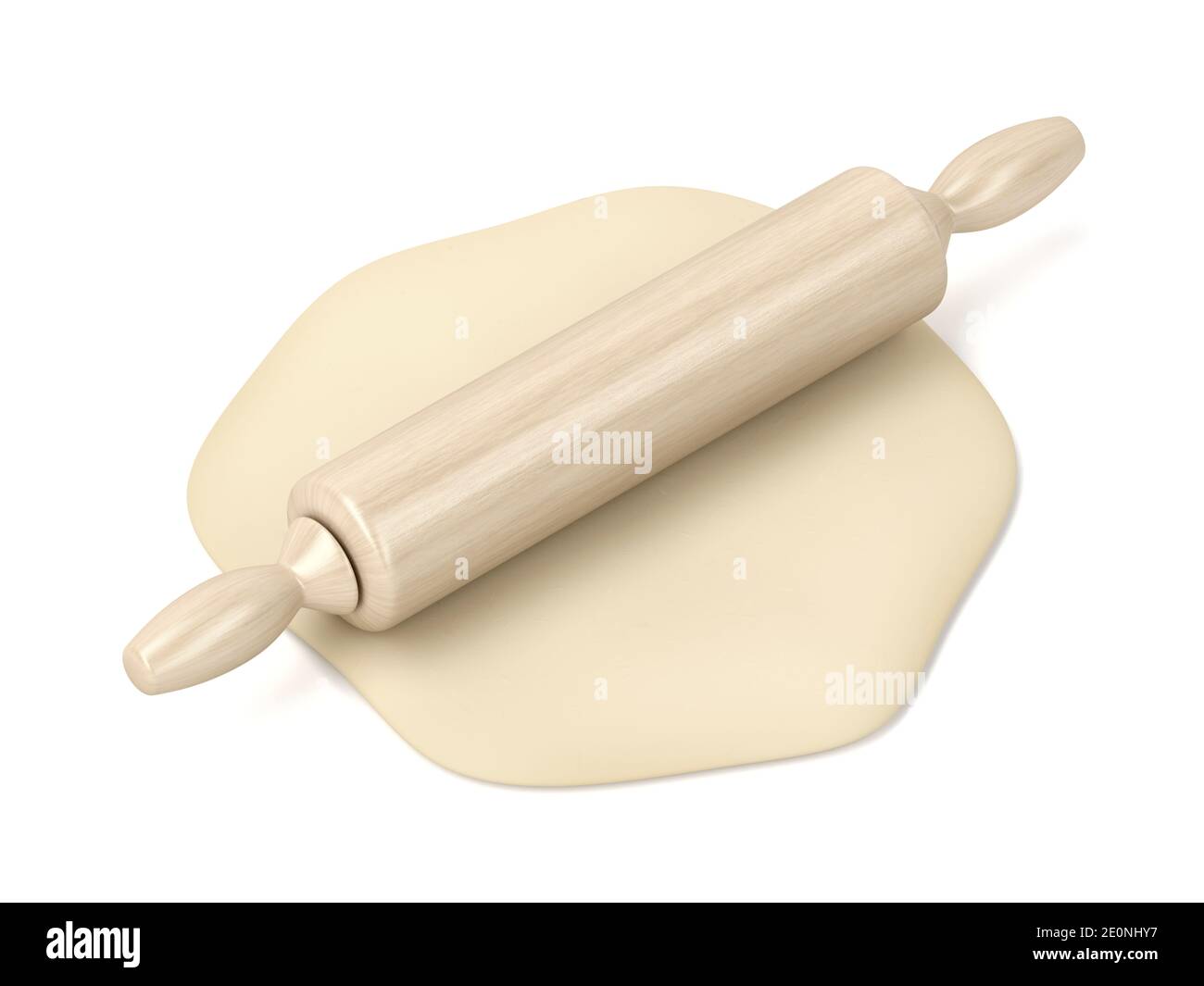 Raw dough and rolling pin on white background Stock Photo