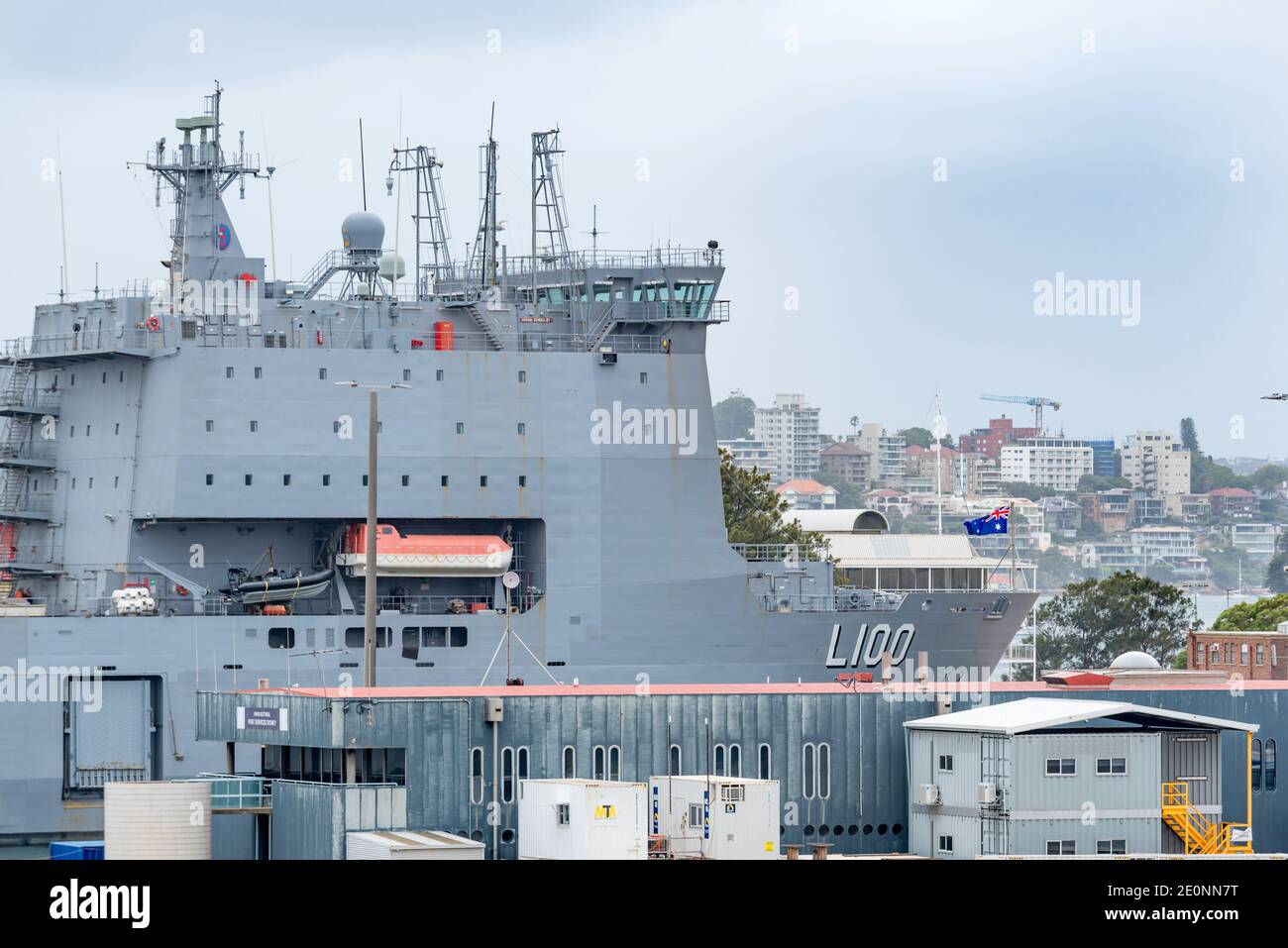 HMAS Choules at Garden Island is a Bay Class landing ship purchased from the Royal Fleet Auxiliary (RFA) by the Royal Australian Navy (RAN) in 2011 Stock Photo