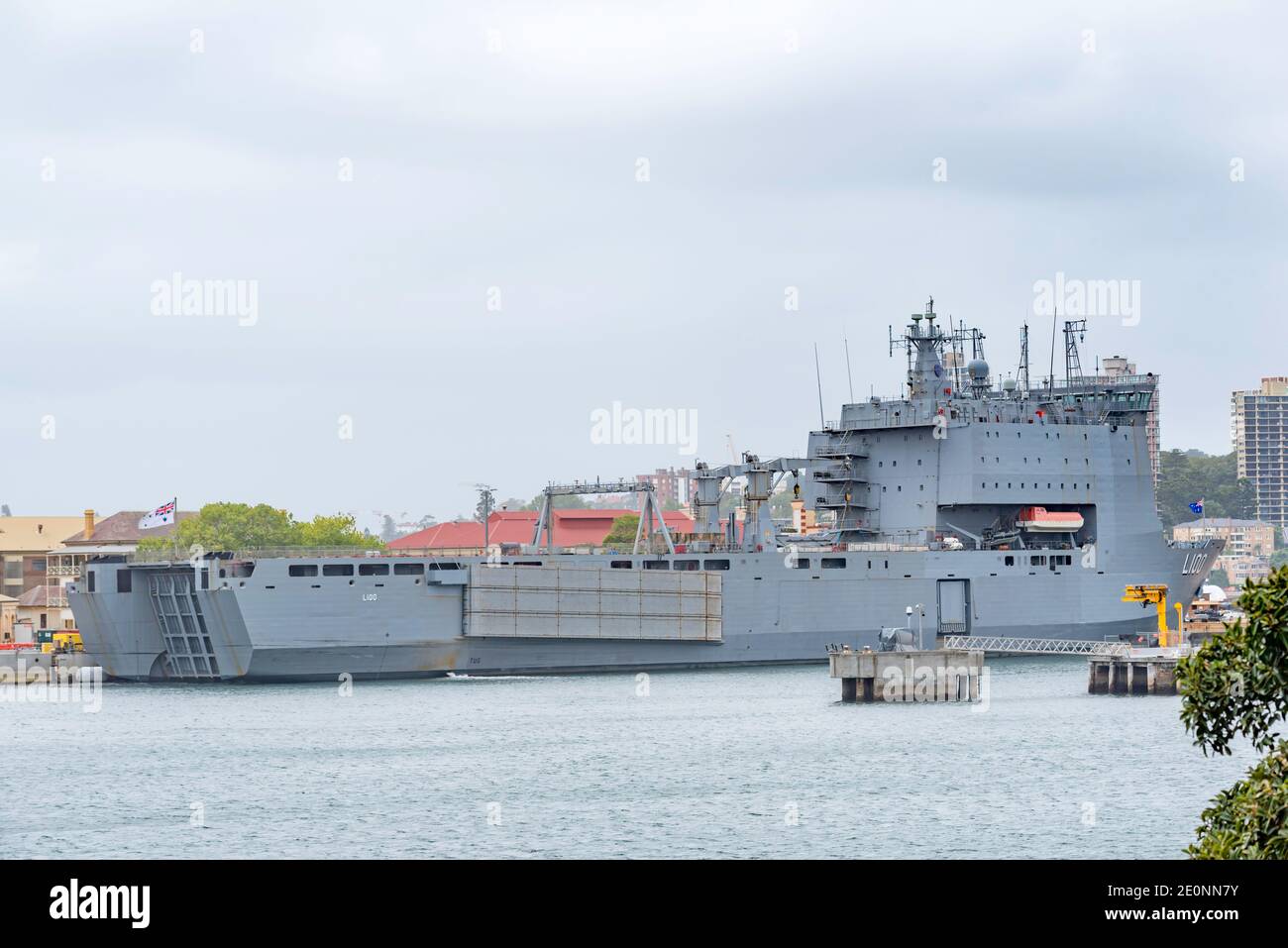 HMAS Choules at Garden Island is a Bay Class landing ship purchased from the Royal Fleet Auxiliary (RFA) by the Royal Australian Navy (RAN) in 2011 Stock Photo